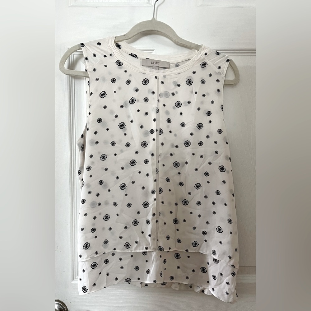 LOFT White Sleeveless Shell Top with Black Pattern